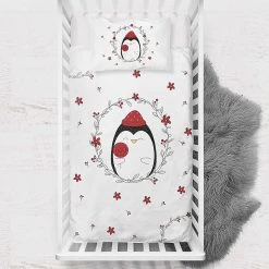 Woody Kid Store Satin-Bettwäsche-Set "Penguin" In Rot/ Weiß